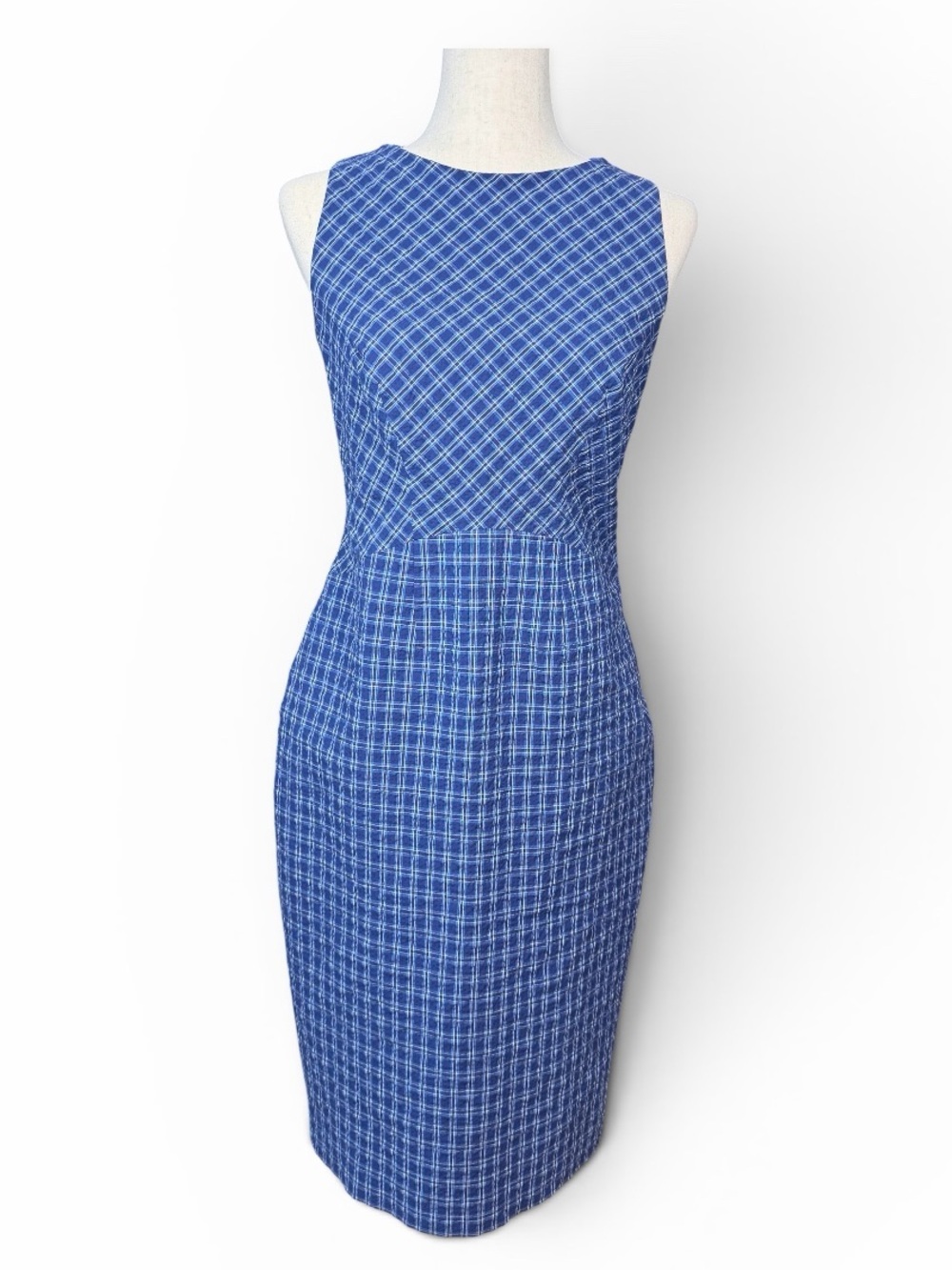 Altuzarra Blue Plaid Sleeveless Sheath Dress. Fitted Cotton - Picture 2 of 8